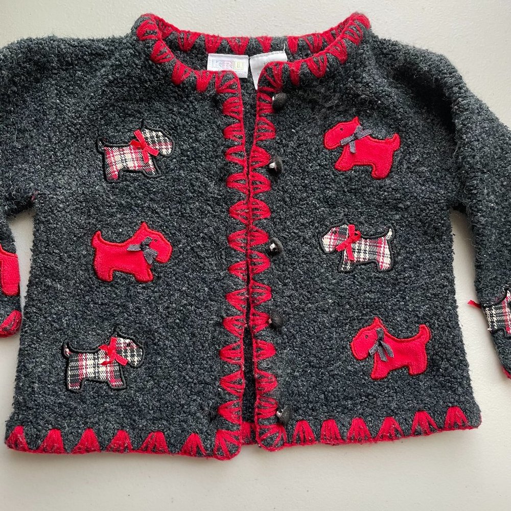 Cute Vintage Girls Terrier Dog Appliques Cotton Blend Sweater Cardigan Sz 12 mo